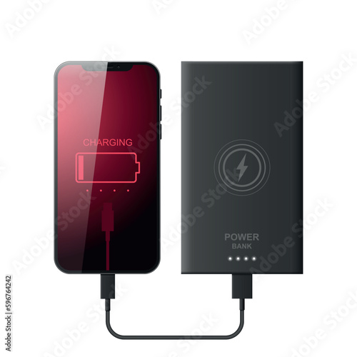 Smartphone to powerbank connection via USB cable realistic vector illustration.