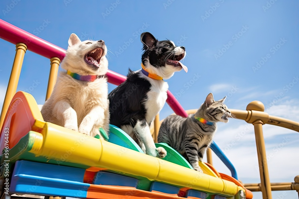 pair of cats and dogs riding the rollercoaster, with their ears and tails flying in the wind, created with generative ai