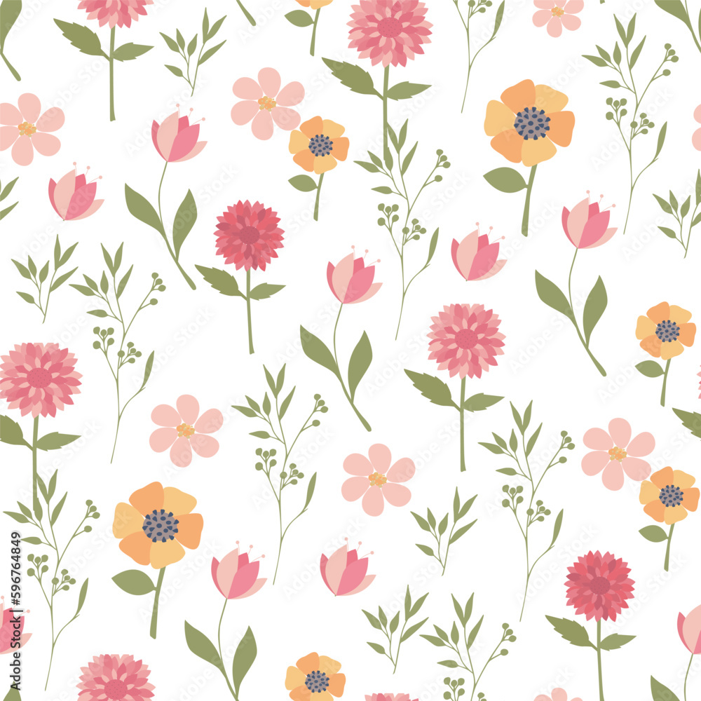 Seamless botanical pattern with wild flowers and herbs on a white background. Asters and chrysanthemums, forget-me-nots and heather. Printing on fabric and paper