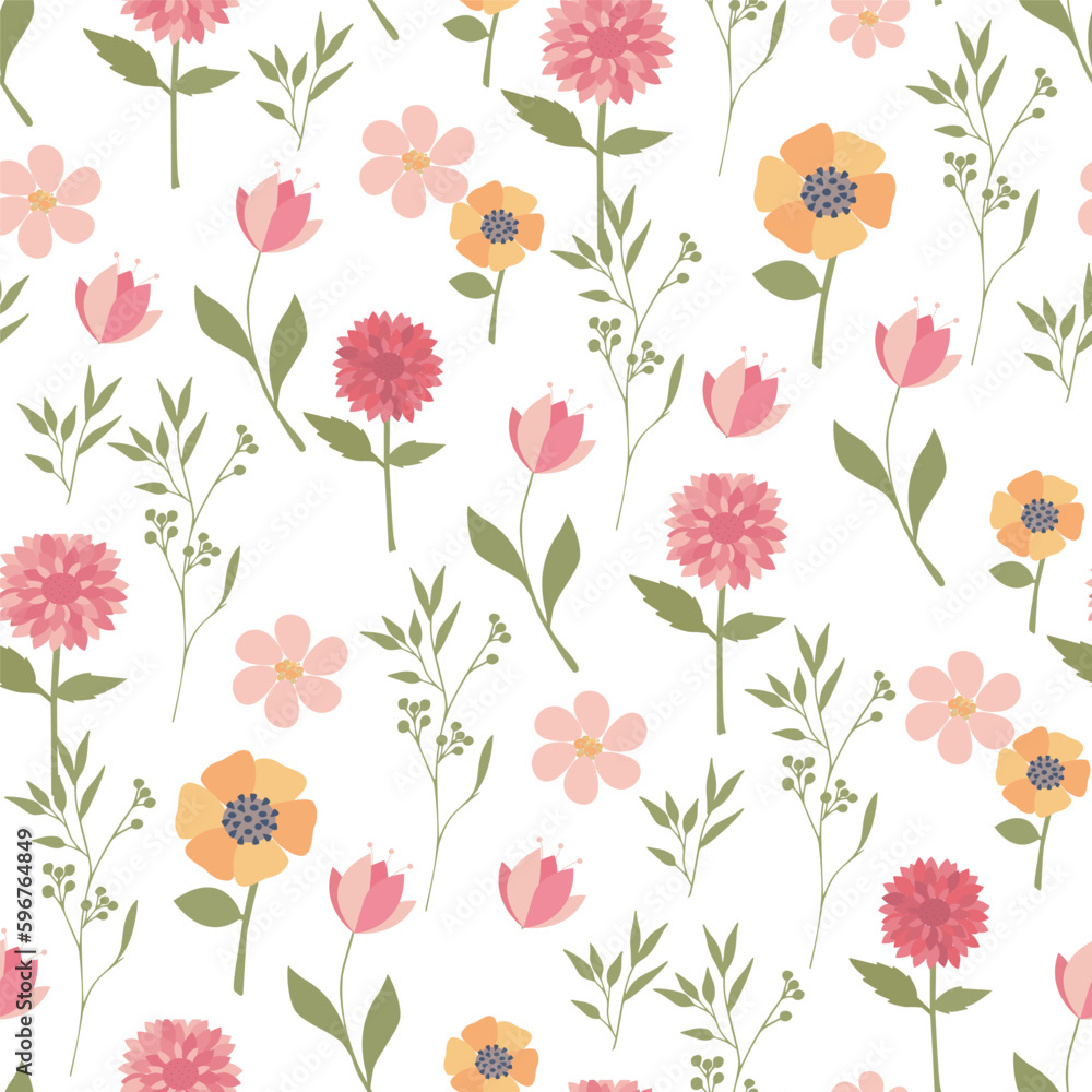 Seamless botanical pattern with wild flowers and herbs on a white background. Asters and chrysanthemums, forget-me-nots and heather. Printing on fabric and paper Seamless botanical pattern with wild flowers and herbs on a white background. Asters and chrysanthemums, forget-me-nots and heather. Printing on fabric and paper