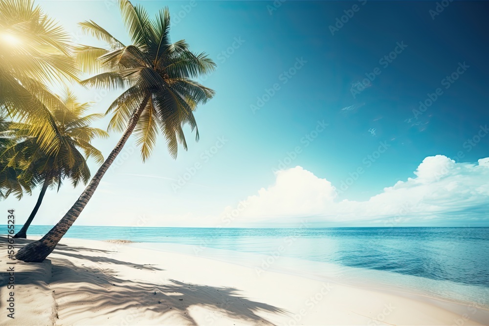 tropical beach, with palm trees swaying in the breeze and warm sun shining down, created with generative ai