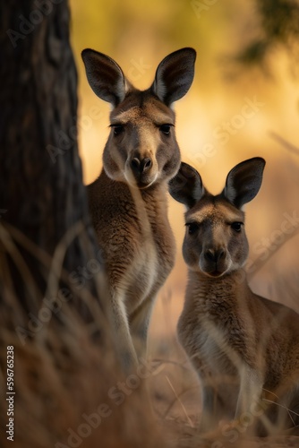 AI Generative. "Discover the Wonders of Marsupials: Witness a Kangaroo and her Joey in the Wild!" © mfathur19