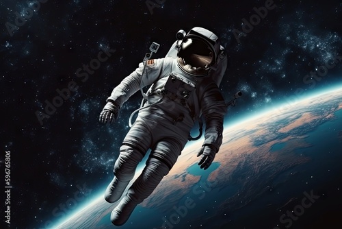astronaut, floating in the zero gravity of space, with view of distant planets and stars, created with generative ai