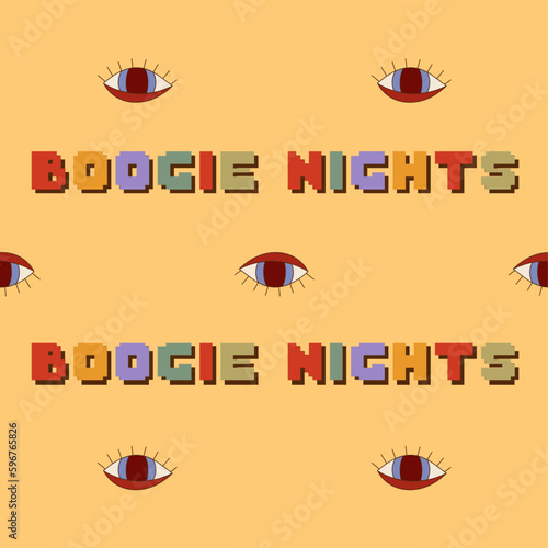 Retro groovy typography slogan quote - boogie nights print with trippy eyes on yellow background. Trendy 60s 70s psychedelic lettering design for card, poster, t-shirt vector