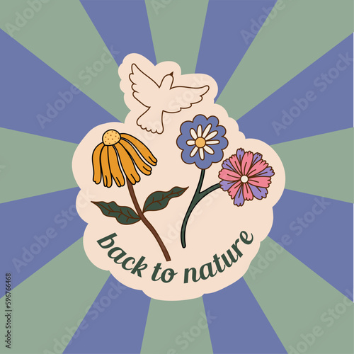 Retro groovy typography slogan quote - back to nature print with flowers and pigeon on striped background. Trendy 60s 70s psychedelic lettering design for card, poster, t-shirt vector