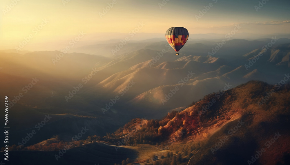 A stunning mountain vista with a colorful hot air balloon floating on air, generative ai