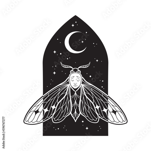 Gothic moth with face over night sky with crescent moon hand drawn line art gothic tattoo design isolated vector illustration