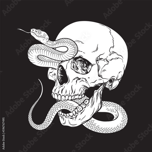 Human skull with poison snake isolated flash tattoo or print design hand drawn line art vector illustration