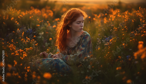 A woman sits in a field of wildflowers, basking in the warm glow of the setting sun with overall contentment and relaxation, generative ai