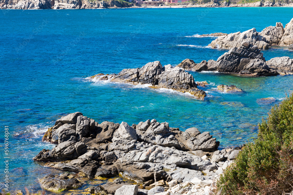 Fototapeta premium View of the Costa Brava, with its rocks and beaches on a sunny day, Costa Brava of Girona, Catalonia, Spain, Europe
