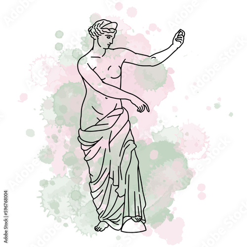 Vector illustration of antique statue of standing woman. Line art with watercolor background