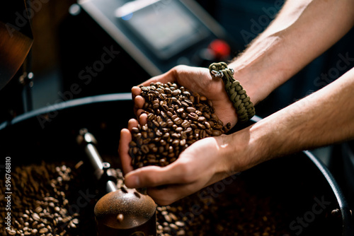 A worker inspects fragrant roasted coffee beans taking them in his hands at the production plant close-up