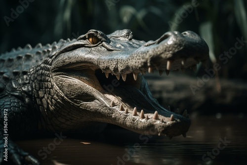 An alligator by the water with mouth open  in its natural habitat. Generative AI