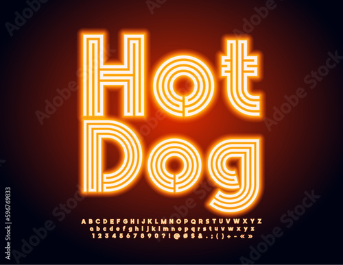 Vector bright sign Hot Dog for Cafe, Bistro, Restaurant. Trendy neon Font. Creative glowing Alphabet Letters. Numbers and Symbols set