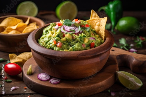 A Typical Mexican Delight: Fresh Guacamole & Nacho Chips in a Wooden Bowl on Rustic Table, Generative AI