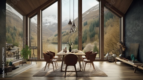 Bohemian Scandinavian Luxury: A Dream Home with a View of the Mountains. Generative AI