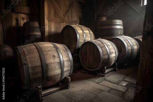 Vintage Aged Wine Barrels in the Cellar of an Old Winery: Generative AI