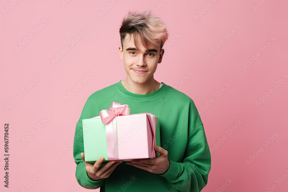 Smiling teenager in green casual style sweatshirt holding gift box in hands isolated on pink background, created with Generative AI Smiling teenager in green casual style sweatshirt holding gift box in hands isolated on pink background, created with Generative AI