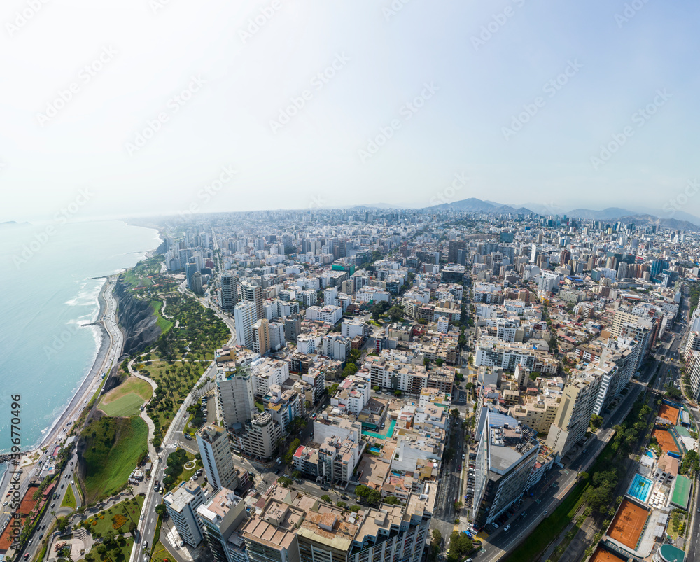 Panoramic Aerial drone view of Miraflores district from the boardwalk