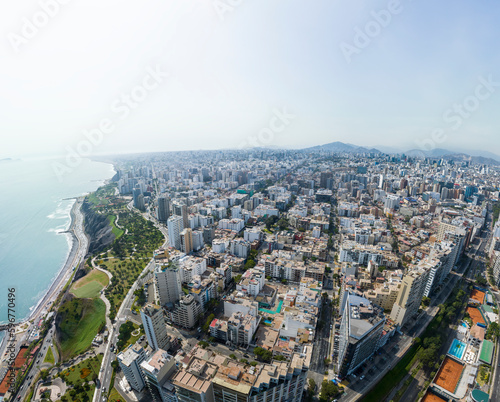 Panoramic Aerial drone view of Miraflores district from the boardwalk