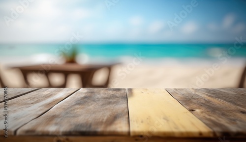 Empty modern wooden table on a summer beach  AI generated