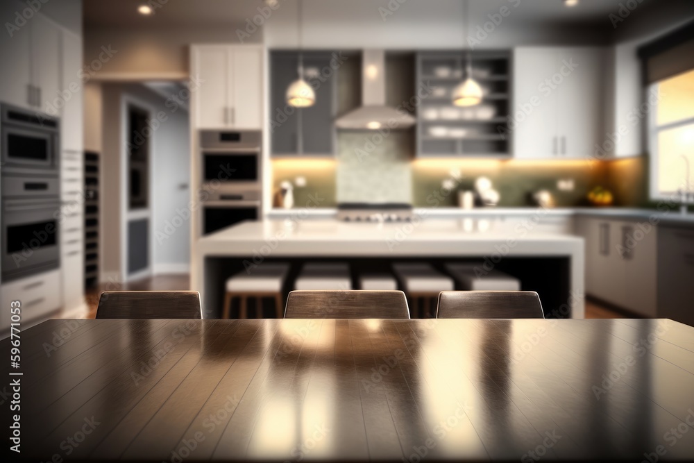 Empty luxury modern table with blurry background of kitchen, AI generated Empty luxury modern table with blurry background of kitchen, AI generated