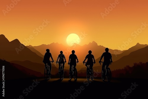 Backpacker family ride a bike on the road at sunset go to the mountain, behind view, silhouette, AIi generated