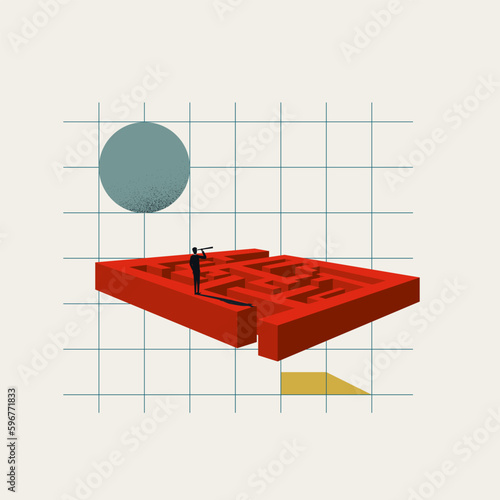 Vector Illustration of a Businessman standing on top of a maze, Symbol of problem-solving, determination, vision.