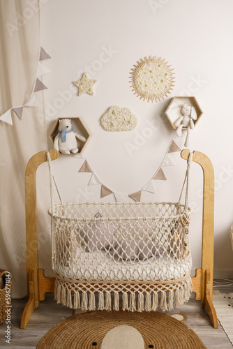 Children's ecologically clean bed. Children room. Concept of childhood and motherhood.