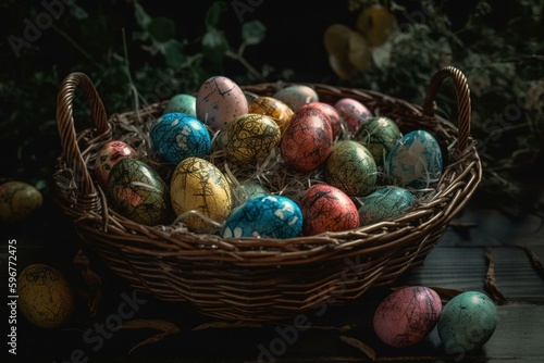 Basket filled with colorful Easter eggs, decorated with leaves and twigs. Generative AI