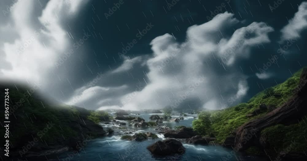 Fantasy landscape with waterfalls, river and mountains created using generative ai technology Fantasy landscape with waterfalls, river and mountains created using generative ai technology