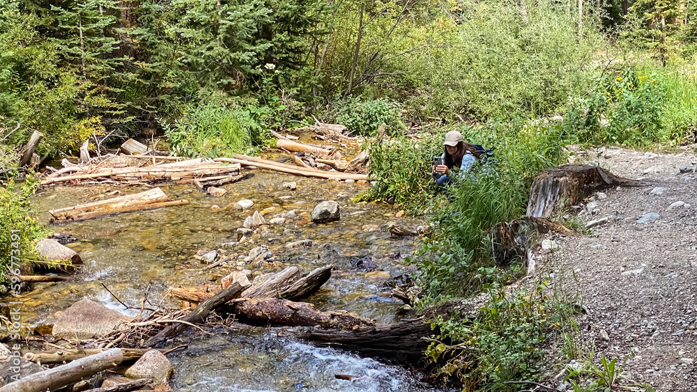 woman taking photos at a mountain creek through the forest in Breckenridge Colorado woman taking photos at a mountain creek through the forest in Breckenridge Colorado