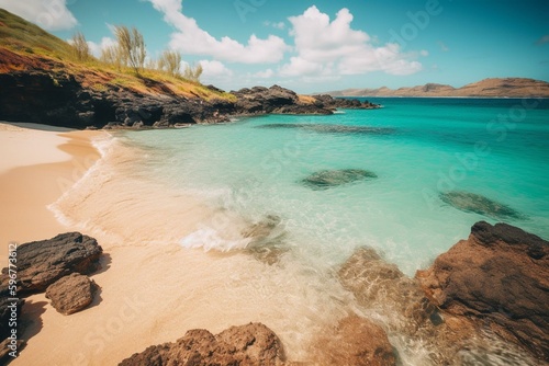 A picturesque Hawaii beach with colorful sandy shore and crystal-clear water. Generative AI