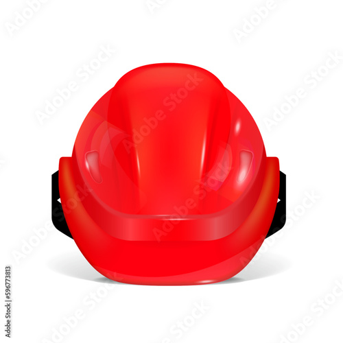 Red protective helmet. Polygonal construction helmet in 3D. Front view. Vector illustration.