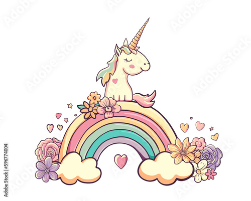 Cute baby unicorn on rainbow with clouds, flowers. Kawaii character magic animal with horn. Vector cartoon illustration for birthday card design in pastel color. Delicate invitation with unicorns 