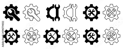 Set of service tools and gear wheel vector icons. wrench, screwdriver, hammer, white background eps10