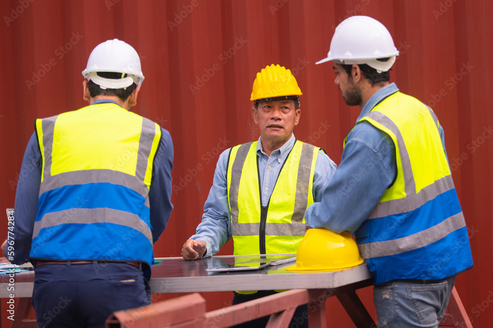 Solar power engineer meeting team at container background, Solar cell workers team talking in meeting Solar power engineer meeting team at container background, Solar cell workers team talking in meeting