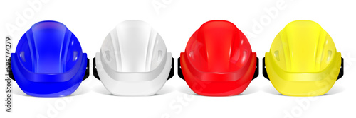 Set of multicolored 3d glossy safety helmets. Three-dimensional hard hats isolated on a white background.