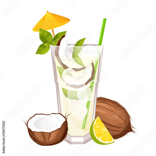 Coconut mojito.Summer tropical cocktail with coconut, lime, mint.Vector illustration.