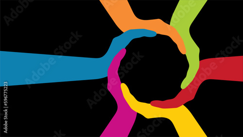 Teamwork and togetherness banner with graphic ring, coloful hands and black background. Meeting, congress, teamwork, cooperation and care. Dimension 16:9. Vector illustration