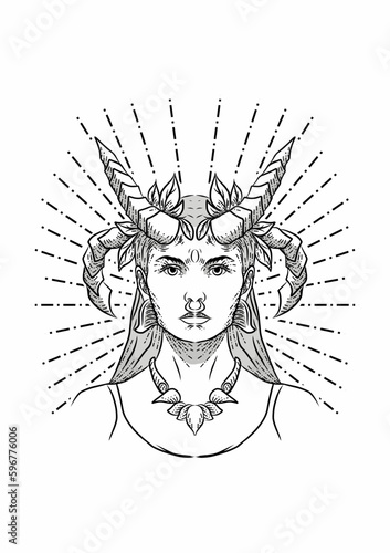 hand drawn a beautiful woman with horn for tattoo