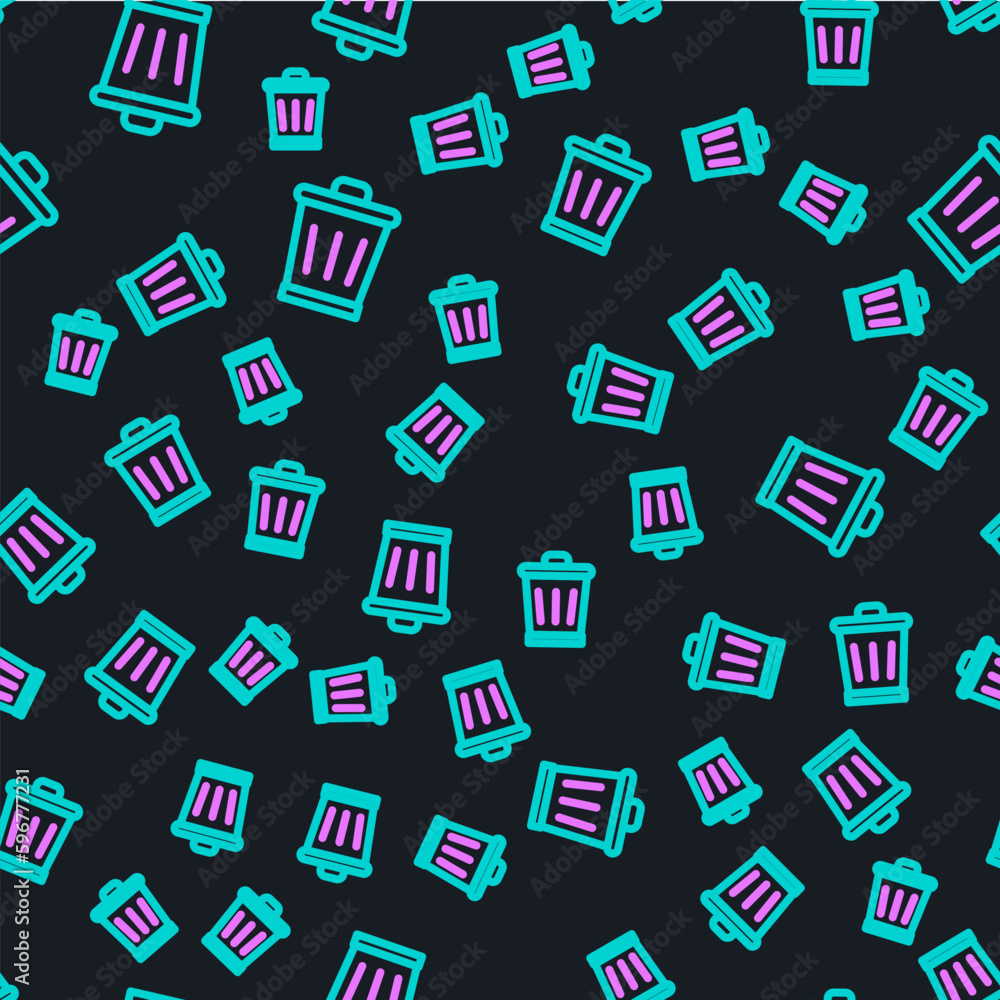 Fototapeta premium Line Trash can icon isolated seamless pattern on black background. Garbage bin sign. Recycle basket icon. Office trash icon. Vector