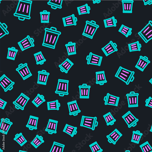 Line Trash can icon isolated seamless pattern on black background. Garbage bin sign. Recycle basket icon. Office trash icon. Vector