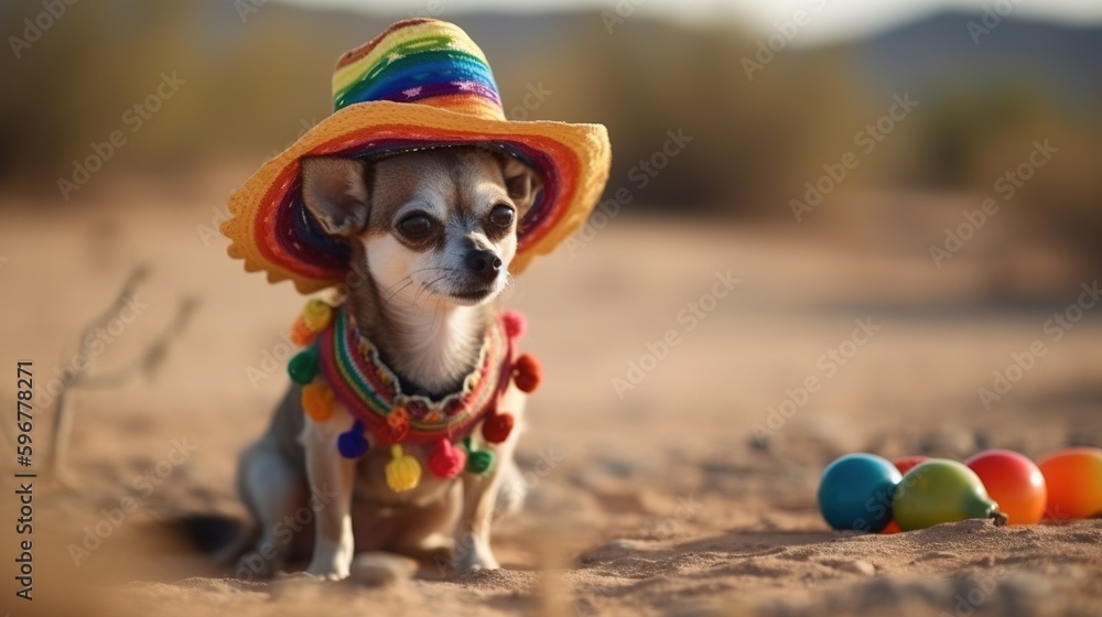Adorable happy chihuahua dog wearing colorful mexican hat in desert, generative AI