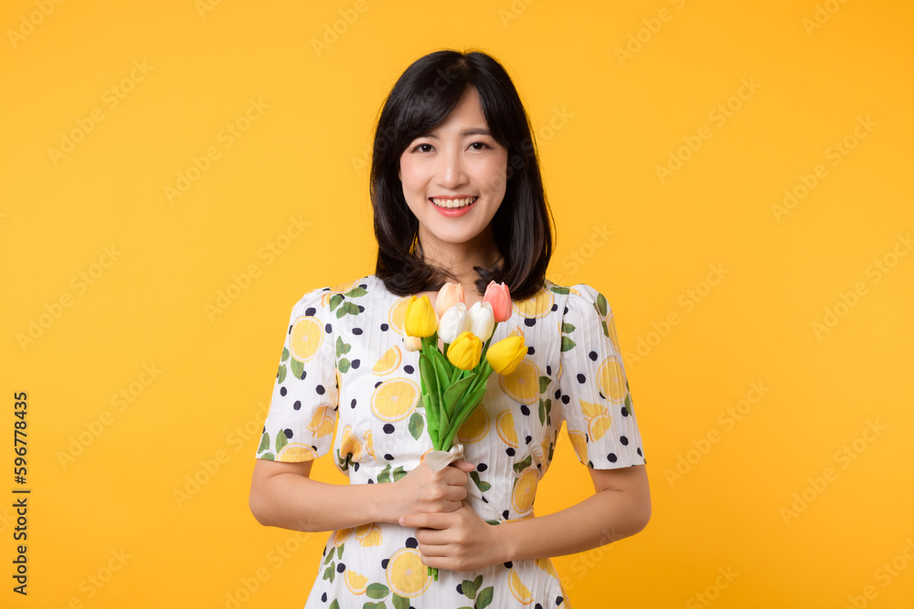 Studio portrait young pretty asian woman happy smile dressing springtime fashion holding tulip bouquet flower against yellow studio background. Person holiday concept. Studio portrait young pretty asian woman happy smile dressing springtime fashion holding tulip bouquet flower against yellow studio background. Person holiday concept.