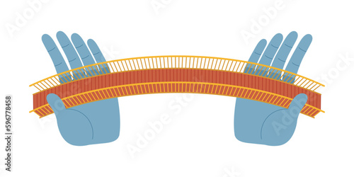 Vietnamese pedestrian bridge flat graphic vector illustration isolated on white background. Top above view of two giant hands hold up Golden Bridge in Vietnam.