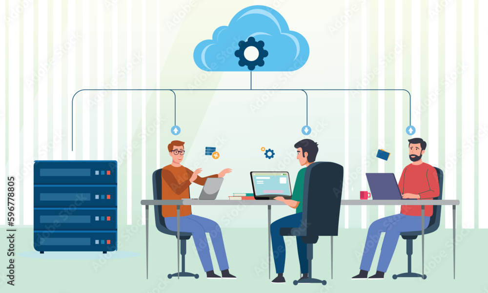 IT team discusses web hosting technology in a laptop office environment IT team discusses web hosting technology in a laptop office environment