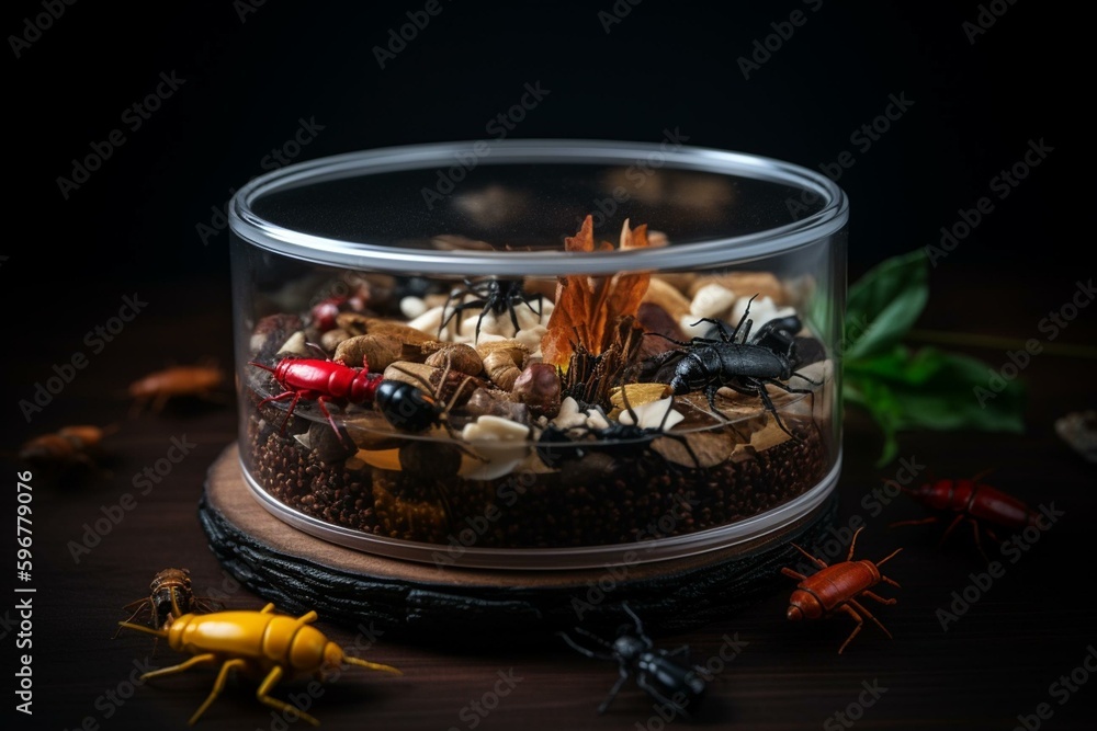Artificial insect ecosystem in transparent container with simulated food. Generative AI