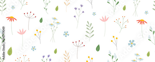  Flower seamless pattern. Floral ditsy illustration. Spring pattern with leaves