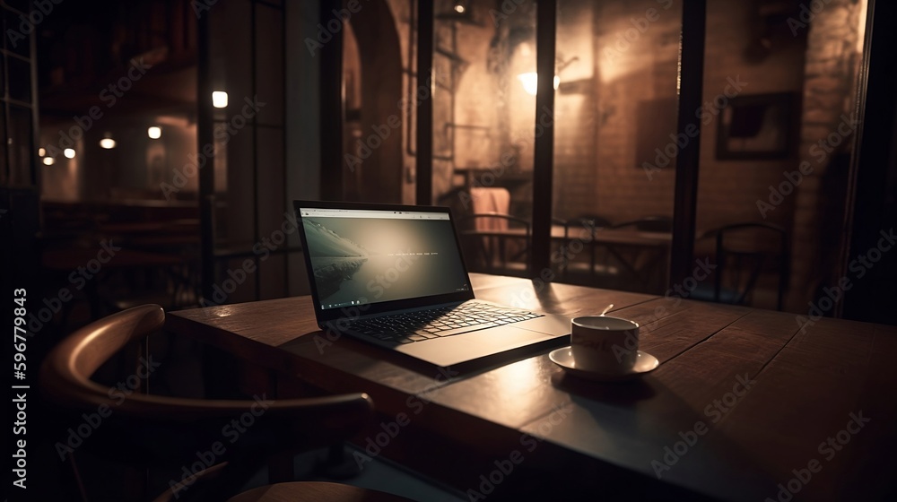 A laptop on a table in a cafe with a coffee cup on the table. freelance working place. A laptop on a table in a cafe with a coffee cup on the table. freelance working place.
